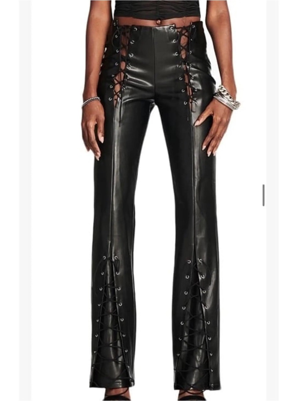 IAMGIA Women's Black Faux Leather Lace-Up Pants